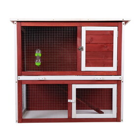 Wood Rabbit Hutch, Pet Playpen with 2 Stories, Ramp, Doors, Pull-out Tray, Water Bottle, Outdoor Enclosure for Small Animals Bunnies, Red and White W2181P153136