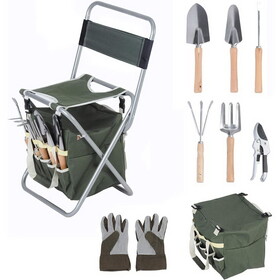 9 PCS Garden Tools Set Ergonomic Wooden Handle Sturdy Stool with Detachable Tool Kit Perfect for Different Kinds of Gardening W2181P153965