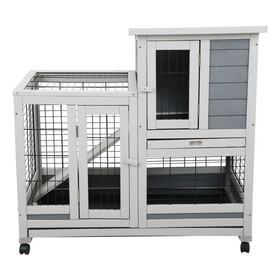 Wooden Rabbit Hutch, Outdoor Pet Bunny House Wooden Cage with Ventilation Gridding Fence, Openable Door, Cleaning Tray, Gray W2181P155564
