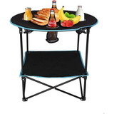 Folding Table, Travel Camping Picnic Collapsible Round Table with 4 Cup Holders and Carry Bag (Black & Blue) W2181P162552