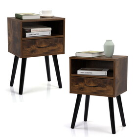 Set of 2 Mid Century Nightstand, Side Table with Drawer and Shelf, End Table for Living Room Bedroom, Rustic Brown W2181P189278