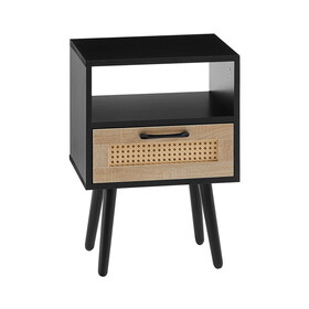 15.75" Rattan End table with drawer and solid wood legs, Modern nightstand, side table for living room, bedroom, black W2181P198566