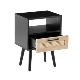 15.75" Rattan End table with drawer and solid wood legs, Modern nightstand, side table for living room, bedroom,black P-W2181P201357