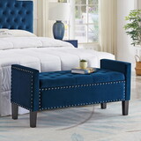 Upholstered Tufted Button Storage Bench with nails trim,Entryway Living Room Soft Padded Seat with Armrest-Navy W2186139086