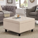 Large square storage ottoman with wooden legs, Upholstered button tufted coffee table with nail trims,Beige W2186142955