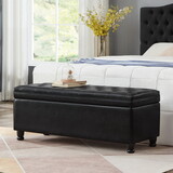 Upholstered tufted button storage bench,Faux leather entry bench with spindle wooden legs, Bed bench- Black P-W2186P151305