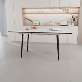 63" MDF square white marble pattern stretchable dining table, modern industrial kitchen and dining table, equipped with tapered black metal legs W2189P174790