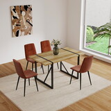 MDF Wood Colour Dining Table and Modern Dining Chairs Set of 4, Mid Century Wooden Kitchen Table Set, Metal Base & Legs, Dining Room Table and Linen Chairs W2189S00005