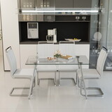 51 inch Glass Dining Table Set for 4, Dining Table & Chair Sets with Silver Plating Legs for Kitchen, Modern Rectangle Tempered Glass Table Top and PU Dining armless Chair for Dining Room
