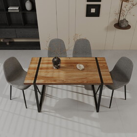 59" MDF natural wood dining table and modern dining chair set of 4 pieces, medieval wooden kitchen dining table set, black rectangular metal base, dining table and suede chair set W2189S00185