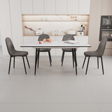 Scalable MDF modern dining table and chair set, suitable for 2-6 people, white dining table and modern grey round dining chair 4-piece set, medieval dining table set, metal base and suede chair