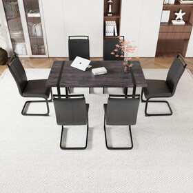 59"Rural Industrial Rectangular MDF Black Dining Table Set and PU Armless Dining Chair Set, 6 pieces. Kitchen Black Metal Table Leg Dining Chair Set W2189S00217