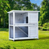 Rabbit Hutch Outdoor, 2-Story Rabbit Cage Indoor with Run, Bunny Cage with 2 Removable No-Leak Trays, Pet Cages with Non-Slip Ramp, Waterproof Roof, Fence, for Small Animals W219106475