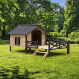 Outdoor Large Wooden Cabin House Style Wooden Dog Kennel with Porch W21951579