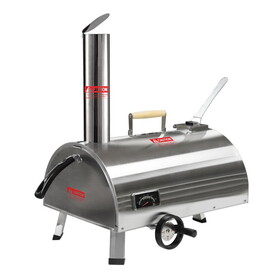 Silver Pizza Oven Outdoor 12" Semi-Automatic Rotatable Pizza Ovens Portable Stainless Steel Wood Fired Pizza Oven Pizza Maker with Built-in Thermometer Pizza Cutter Carry Bag W2196134341