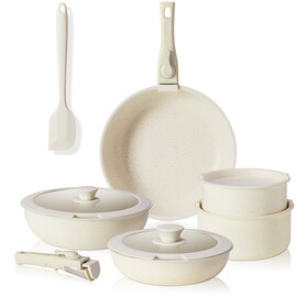12 pcs Pots and Pans Set Nonstick - Kitchen Cookware Set with Detachable Handle, Induction Cookware, Dishwasher Oven Safe, Beige W2201P190850