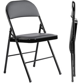 Folding Chair 2 Pack, Leather Padded Folding Chairs, Sturdy Metal Foldable Chairs, for Home, Office, Party, Black 2 Pack