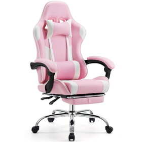 Video Game Desk Chair - Ergonomic Computer with Footrest and Comfy Lumbar Support, PU Leather Recliner with Headrest, Fixed Up Armrest, Height Adjustable with 360&#176; Swivel, for Adults, pink