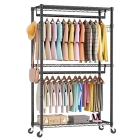 Rolling Clothes Rack, Heavy Duty Garment Racks 3 Tiers Portable Adjustable Wire Shelves with Wheels, Hanging Rods & Side Hooks Metal Freestanding Clothing Wardrobe Closet - Black