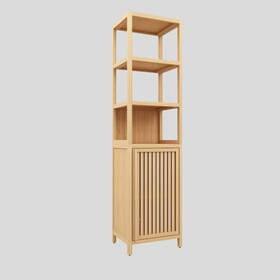 Storage Tall Slim Cabinet with Shutter Door and 3 Tier Shelves, Freestanding Linen Tower Cabinet for Living Room, Kitchen, Bathroom Organizer, Natural Bamboo W2207P198058