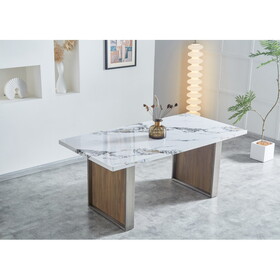 Elegant Marble MDF Dinning Table for 6 or 8, Rectangular 70.8"L*35.4"W*29.8"H, Luxurious Faux Marble High-Quality Stainless Steel Legs Modern, Durable, Easy to assemble, White W2213S00019