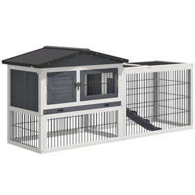 PawHut 2 Levels Outdoor Rabbit Hutch with Openable Top, 59" Wooden Large Rabbit Cage with Run Weatherproof Roof, Removable Tray, Ramp, Pewter Gray W2225141094