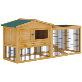 PawHut 2 Levels Outdoor Rabbit Hutch with Openable Top, 59" Wooden Large Rabbit Cage with Run Weatherproof Roof, Removable Tray, Ramp, Yellow W2225141095