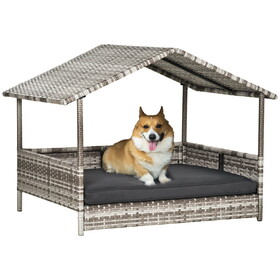 PawHut Wicker Dog House Outdoor with Canopy, Rattan Dog Bed with Water-resistant Cushion, for Small and Medium Dogs, Cream W2225141097