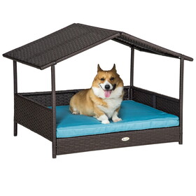 PawHut Wicker Dog House Elevated Raised Rattan Bed for Indoor/Outdoor with Removable Cushion Lounge, Blue W2225141098