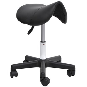 HOMCOM Rolling Saddle Stool, Swivel Salon Chair, Ergonomic Faux Leather Stool, Adjustable Height with Wheels for Spa, Salon, Massage, Office, Black W2225141196