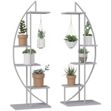 Outsunny 5 Tier Metal Plant Stand with Hangers, Half Moon Shape Flower Pot Display Shelf for Living Room Patio Garden Balcony Decor, Gray W2225141385