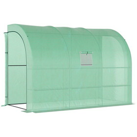 Outsunny 10' x 5' x 7' Lean to Greenhouse, Walk-in Green House, Plant Nursery with 2 Roll-up Doors and Windows, PE Cover and 3 Wire Shelves, Green W2225141389