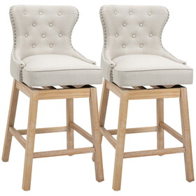 HOMCOM Upholstered Fabric Bar Height Bar Stools, 180&#176; Swivel Nailhead-Trim Pub Chairs, 30" Seat Height with Rubber Wood Legs, Set of 2, Cream W2225141467