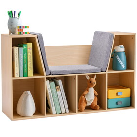 HOMCOM 6-Cubby Kids Bookcase with Reading Nook and Cushion, Multi-Purpose Storage Organizer for Bedroom, Living Room, Natural W2225141970