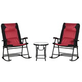 Outsunny 3 Piece Outdoor Patio Furniture Set with Glass Coffee Table & 2 Folding Padded Rocking Chairs, Bistro Style for Porch, Camping, Balcony, Red W2225142471