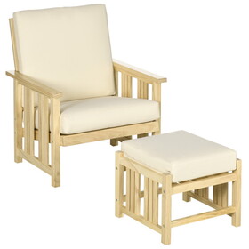 Outsunny Patio Furniture Set, Wood Outdoor Patio Chair with Ottoman, 2 Piece Cushioned Outdoor Lounge Chair, Sofa Chair with Footrest, Beige W2225142509