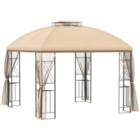 Outsunny 10' x 10' Patio Gazebo with Corner Shelves, Double Roof Outdoor Gazebo Canopy Shelter with Removable Mesh Netting, for Garden, Lawn, Backyard and Deck, Beige W2225142540
