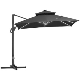 Outsunny 10FT Cantilever Patio Umbrella with Solar LED Lights, Double Top Square Outdoor Offset Umbrella with 360&#176; Rotation, 4-Position Tilt, Crank & Cross Base for Garden, Deck, Pool, Dark Gray