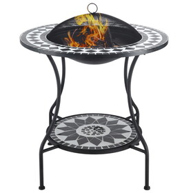 Outsunny 30" Outdoor Fire Pit Dining Table, 3-in-1 Round Wood Burning Fire Pit Bowl, Patio Ice Bucket with Storage Shelf, Spark Screen Cover for BBQ, Bonfire, Camping, Mosaic W2225142618