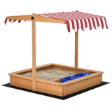 Outsunny Kids Wooden Sandbox, Children Sand Play Station Outdoor, with Adjustable Height Cover, Bottom Liner, Seat, Plastic Basins, Boys and Girls, for Backyard, Beach, Lawn W2225P152508