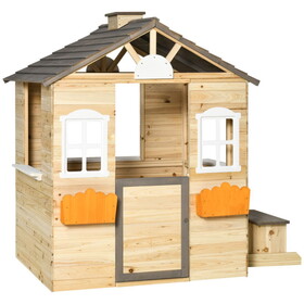 Outsunny Wooden Playhouse for Kids Outdoor Garden Pretend Play Games, Adventures Cottage, with Working Door, Windows, Bench, Service Station, Flowers Pot Holder, for 3-7 Years Old W2225P152520