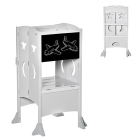 Kids Kitchen Step Stool Foldable Child Standing Tower with Chalkboard. Lockable Handrail for Children 3-6 Years Old, Grey W2225P154790