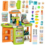 58pcs Grocery Store Pretend Play Kids Trolley with Cash Register Stand, Foldable Play Store for Kids with Scanner, Play Food Vegetable, Extra Storage for Boys and Girls Ages 3-6 Years Old