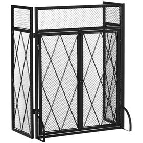 3-Panel Folding Fireplace Screen for Wood Burning with Double Doors, Home Heavy Duty Steel Fire Spark Guard, 47.25" x 31", Black W2225P155588