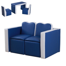 Kids Sofa Set 2-in-1 Multi-Functional Toddler Table Chair Set 2 Seat Couch Storage Box Soft Sturdy Blue W2225P155606