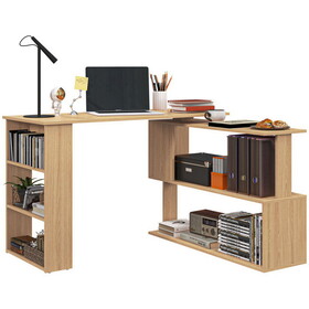 HOMCOM L Shaped Corner Desk, 360 Degree Rotating Home Office Desk with Storage Shelves, Writing Table Workstation, Maple W2225P156068