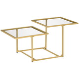 HOMCOM Coffee Table, Tempered Glass Coffee Table with 2 Square Tabletops, Modern Coffee Tables for Living Room, Bedroom, Gold W2225P156093