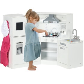 Qaba Wooden Play Kitchen Set for Toddler, Kids Pretend Play Toy Kitchen with Lights Sounds, Apron and Chef Hat, Ice Maker, Detachable Wash Basin, Utensils, Range Hood, Ages 3-6 Years Old, White