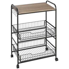 HOMCOM 3-tier Rolling Cart, Slim Kitchen Cart with Wheels, 2 Sliding Baskets, Microwave Cart with Side Hooks for Dining Room, Oak Wood Tone W2225P156374