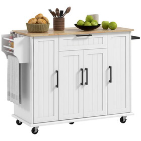 HOMCOM Kitchen Island on Wheels, Rolling Kitchen Cart with Rubberwood Top, Drawer, Spice Rack, Towel Rack, Storage Cabinet with Inner Adjustable Shelves, White W2225P156375